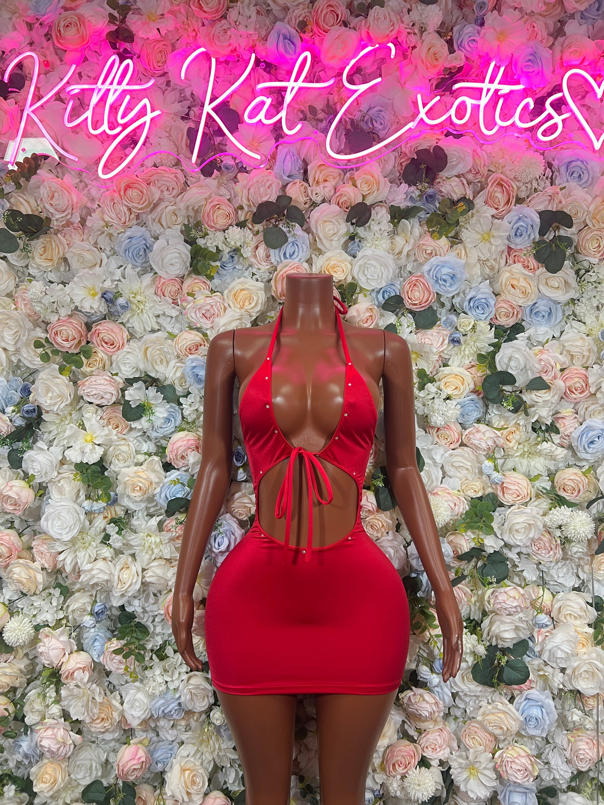 Red halter cutout bodycon mini dress, bow-tied halter and ruched mini