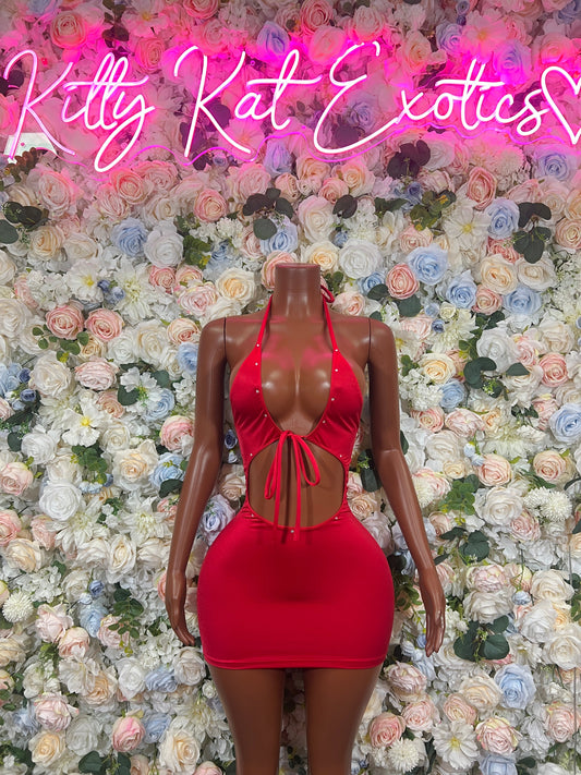 Red halter cutout bodycon mini dress, bow-tied halter and ruched mini