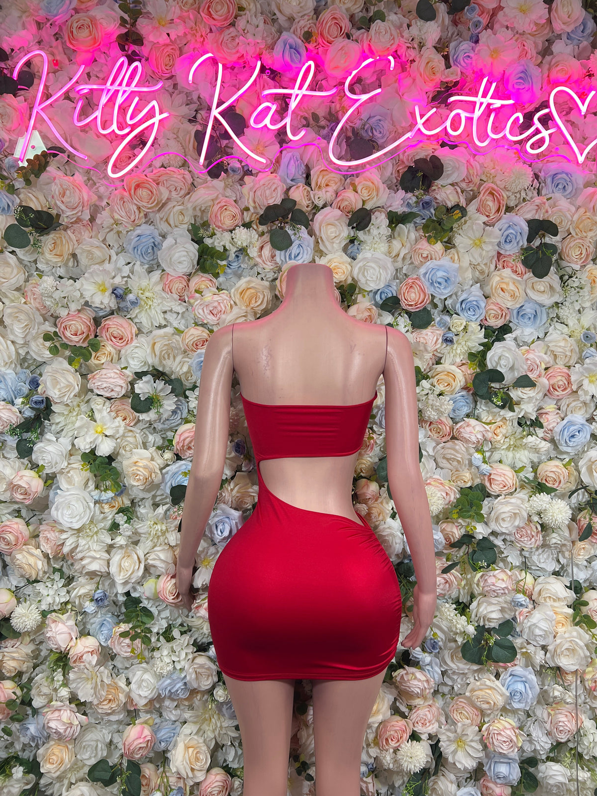 Red backless deep plunge mini dress, fitted bodycon with ruched back panel