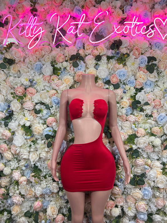 Red deep plunge mini dress, strapless sweetheart neckline with ruched bust