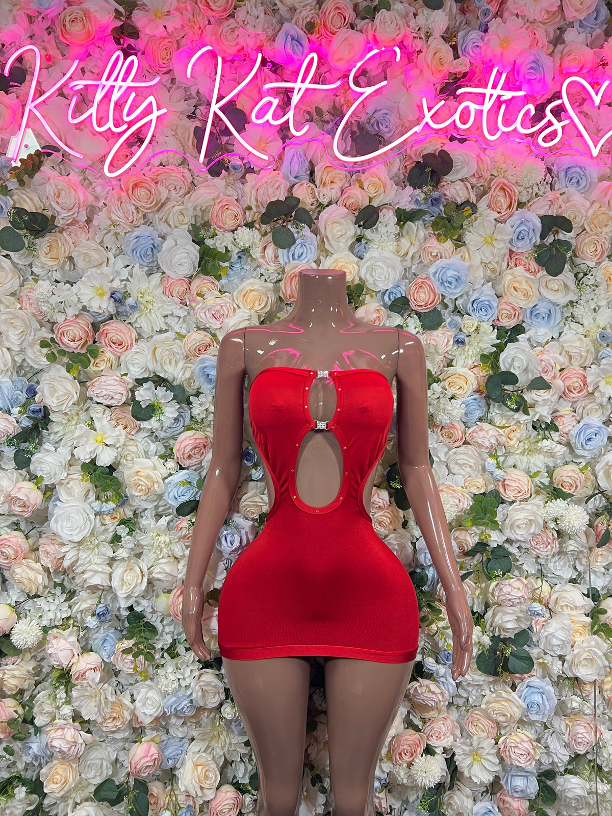 Red strapless mini dress with rhinestone cutout and heart keyhole, front view