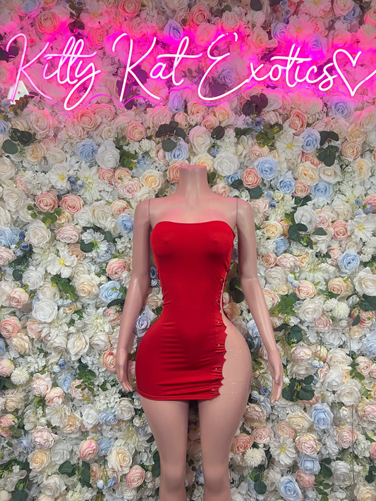Red strapless ruched bodycon mini dress on mannequin