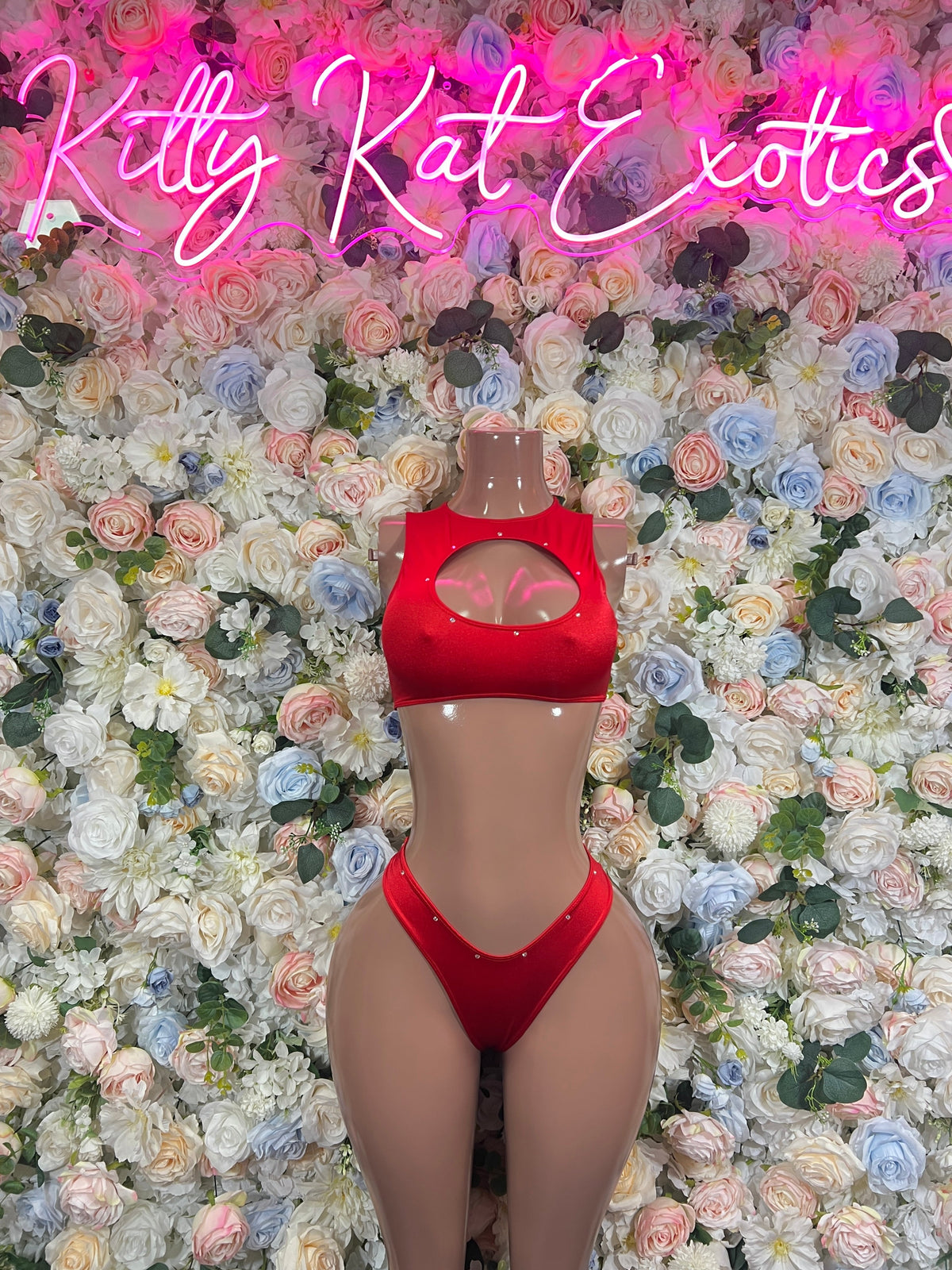 Red rhinestone high-neck crop top and matching thong bikini bottom set