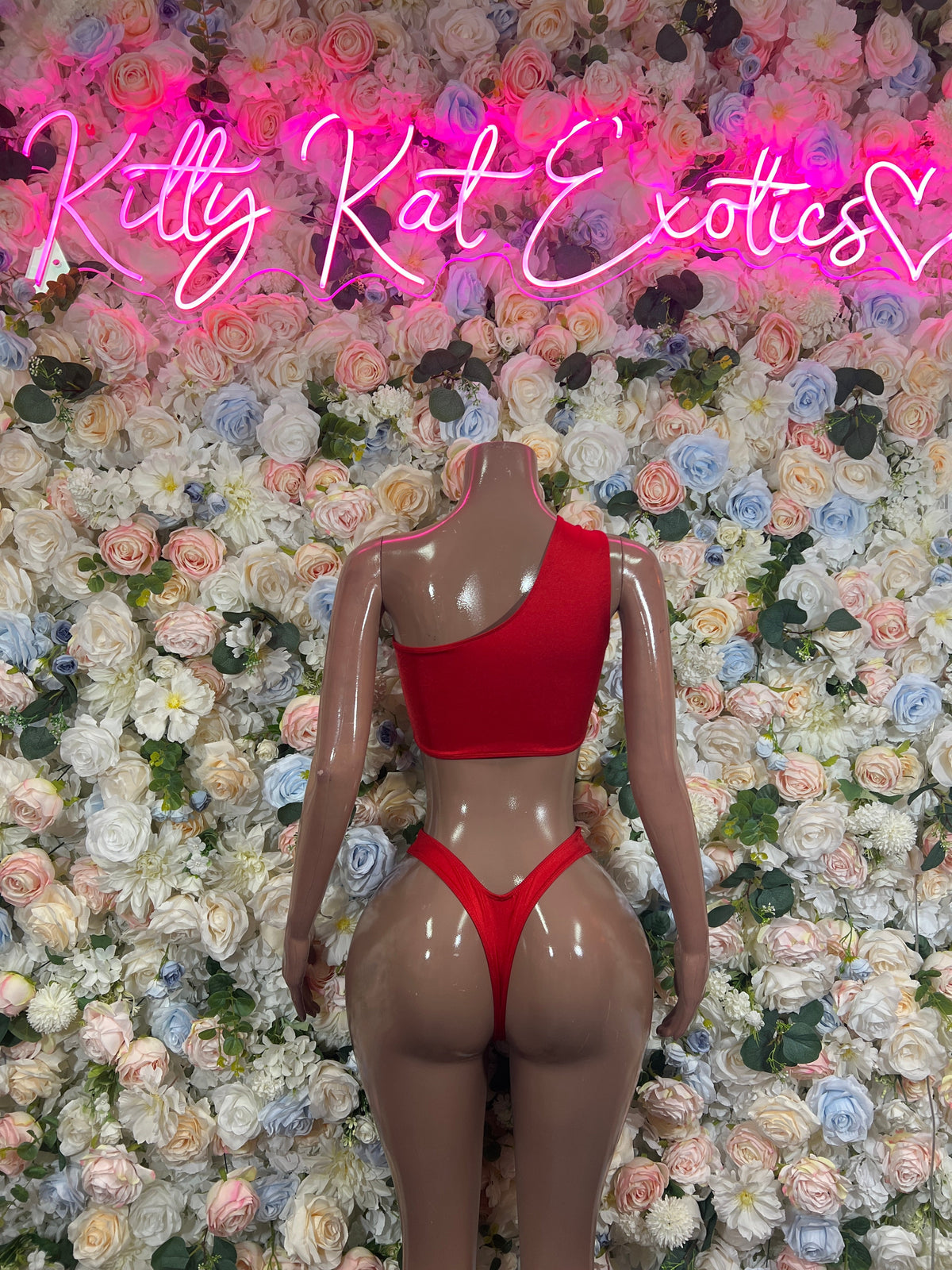Red rhinestone one-shoulder two-piece set with matching bottoms