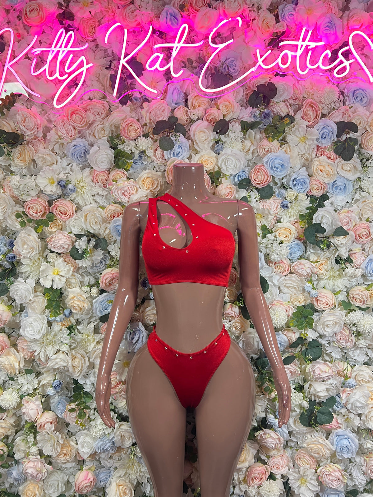 Red rhinestone one-shoulder cropped top with bikini bottoms