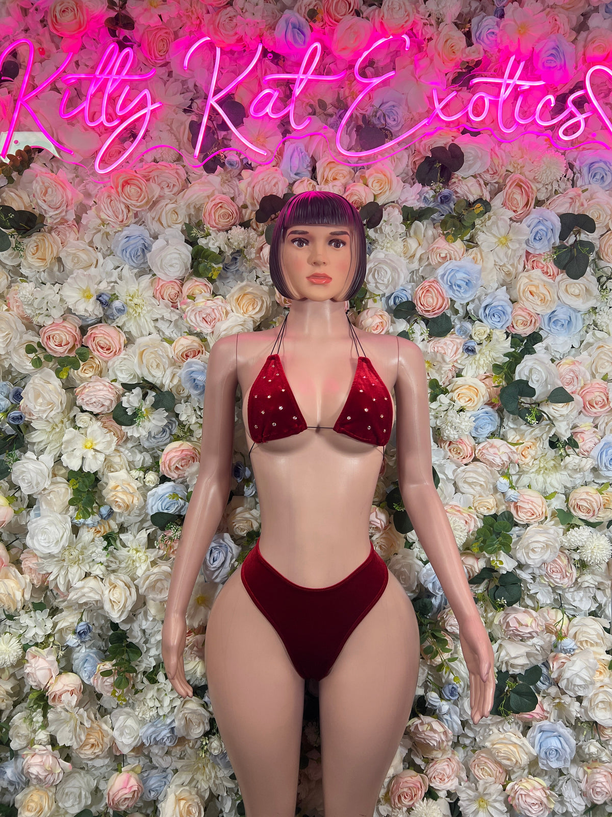 Red rhinestone triangle bikini set, front view with matching triangle top