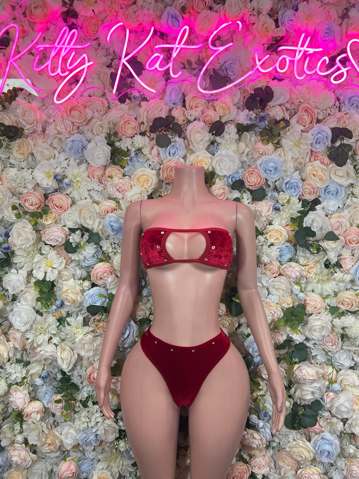 Red sequined cutout bandeau bikini set with matching high-cut bottoms