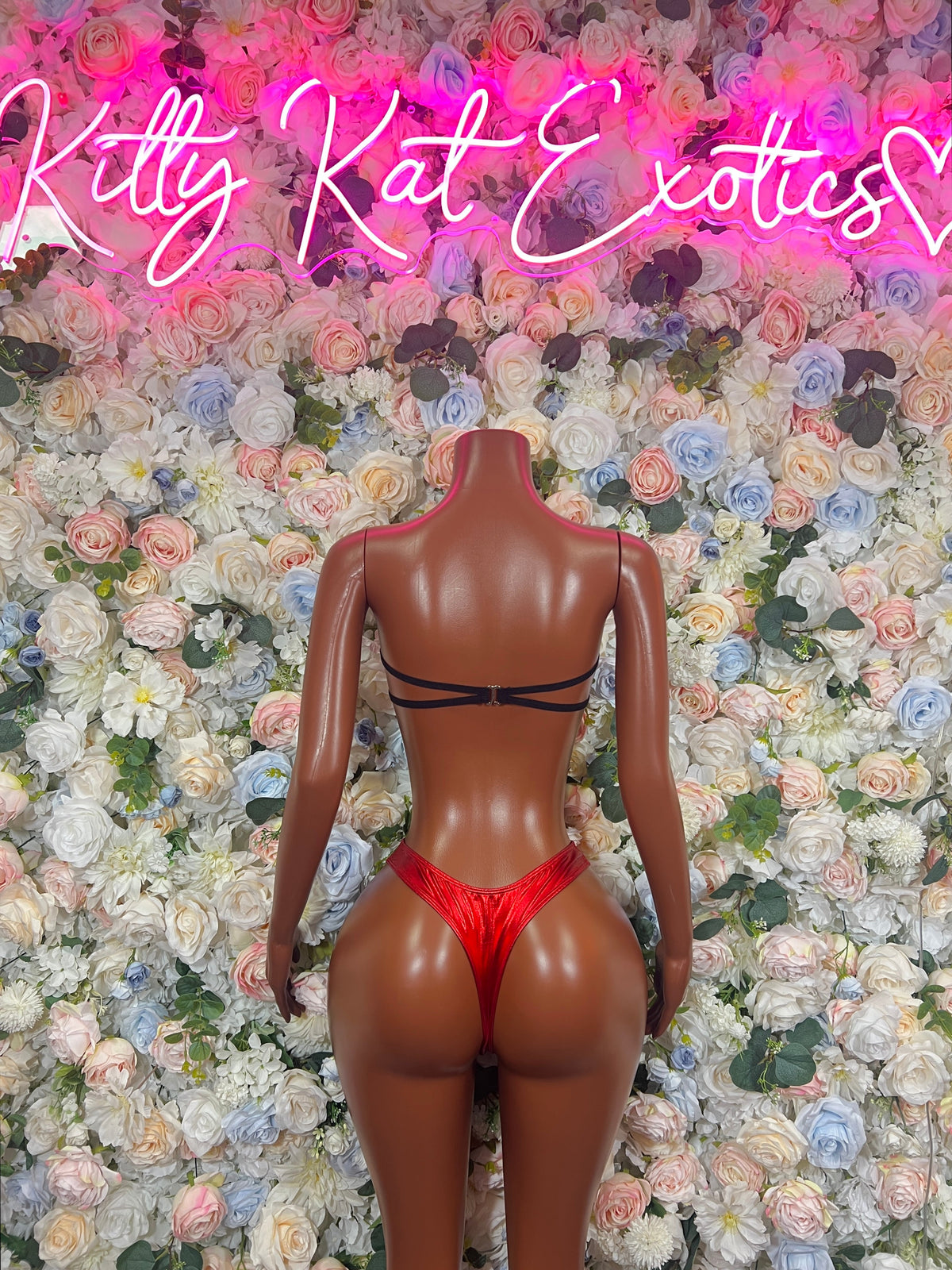 Red metallic cutout bikini set, back view with thong-style high-cut bottoms