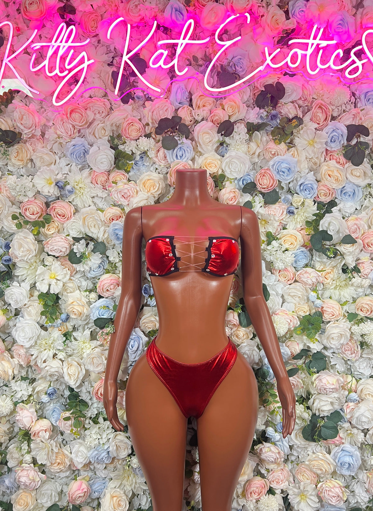 Red metallic cutout bandeau bikini set with glossy top cutouts and matching bottoms