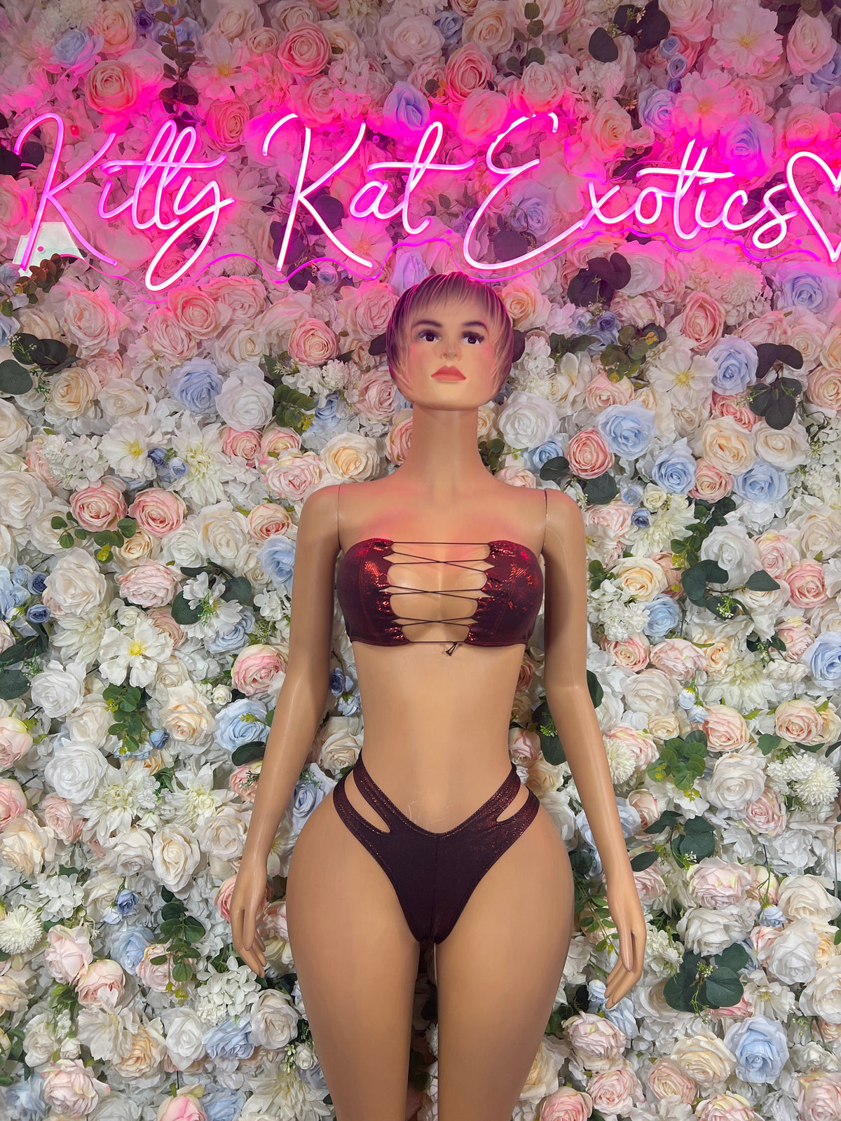 Burgundy metallic strappy bikini set: bandeau top with cutout detail, high-cut bottom