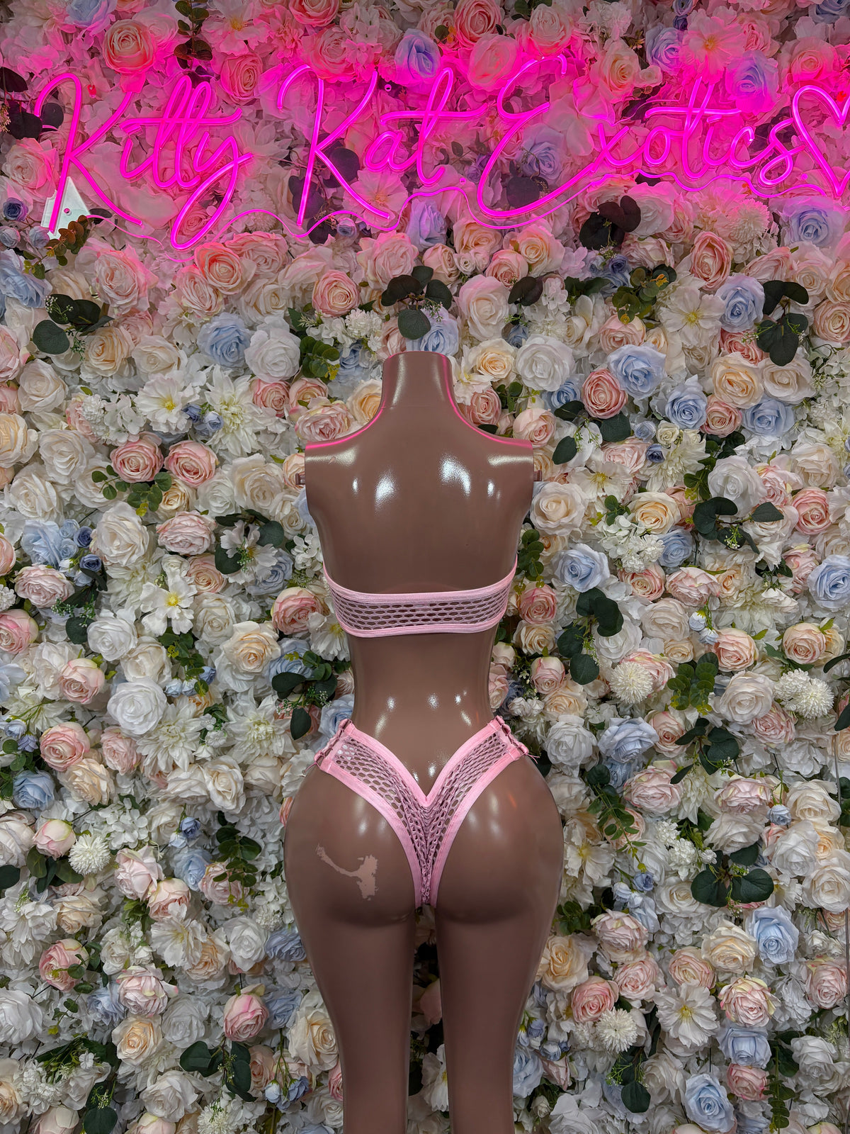 Baby pink rhinestone strappy bikini set with halter triangle top and thong bottoms