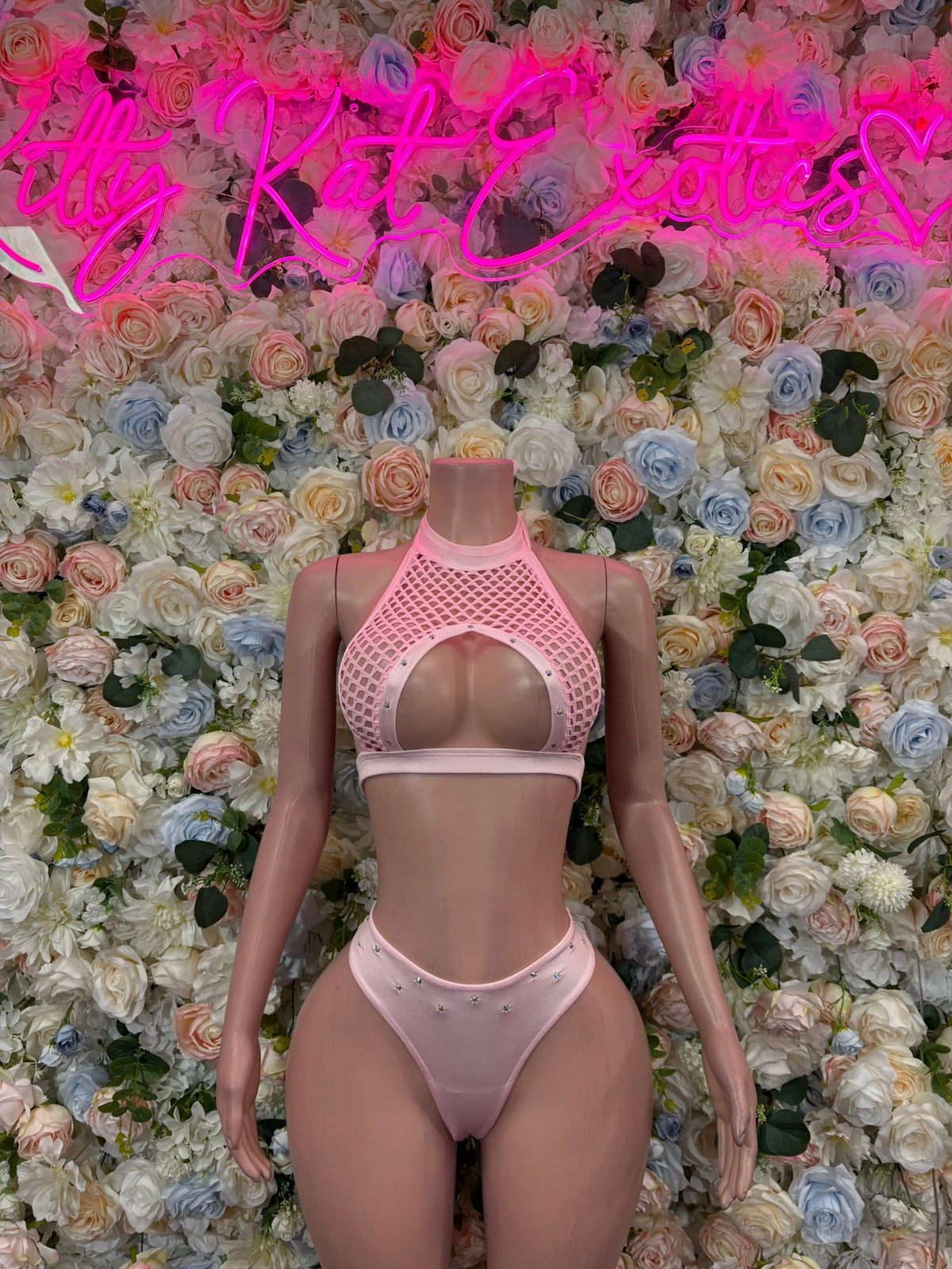Pink mesh high-neck bikini set with cutout top and matching cheeky bottoms