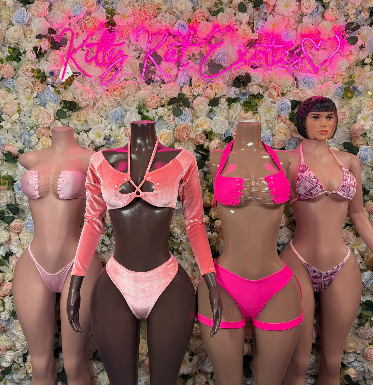 Pink printed triangle micro bikini set with tie-side string bottoms