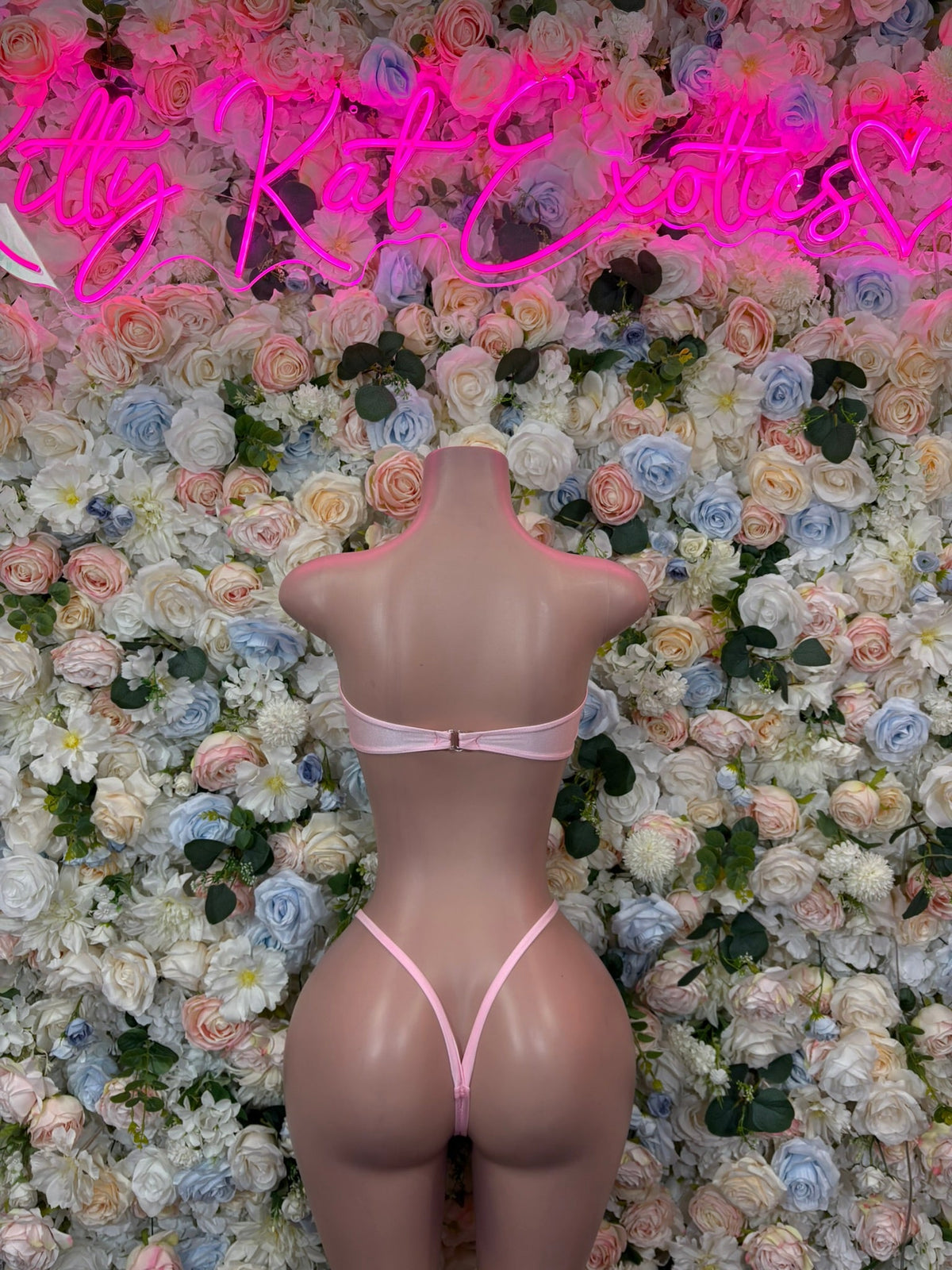 Pink rhinestone bandeau micro bikini set with string bikini bottom, back view