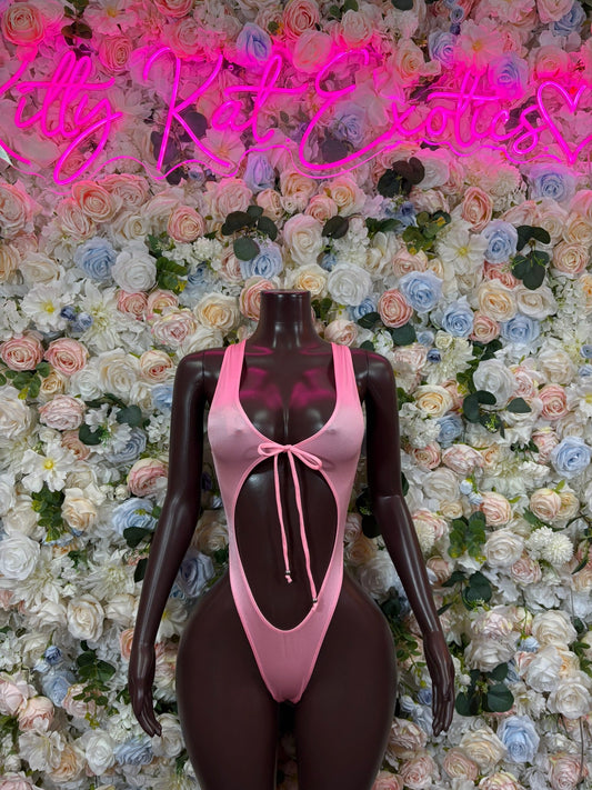 Baby pink ring cutout bodysuit with front bow and thin crisscross straps
