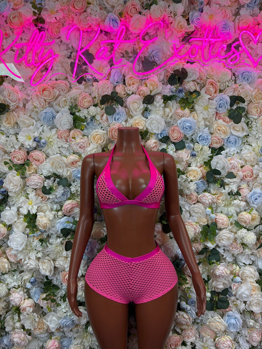 Hot pink mesh bikini set with triangle top and matching high-rise shorts