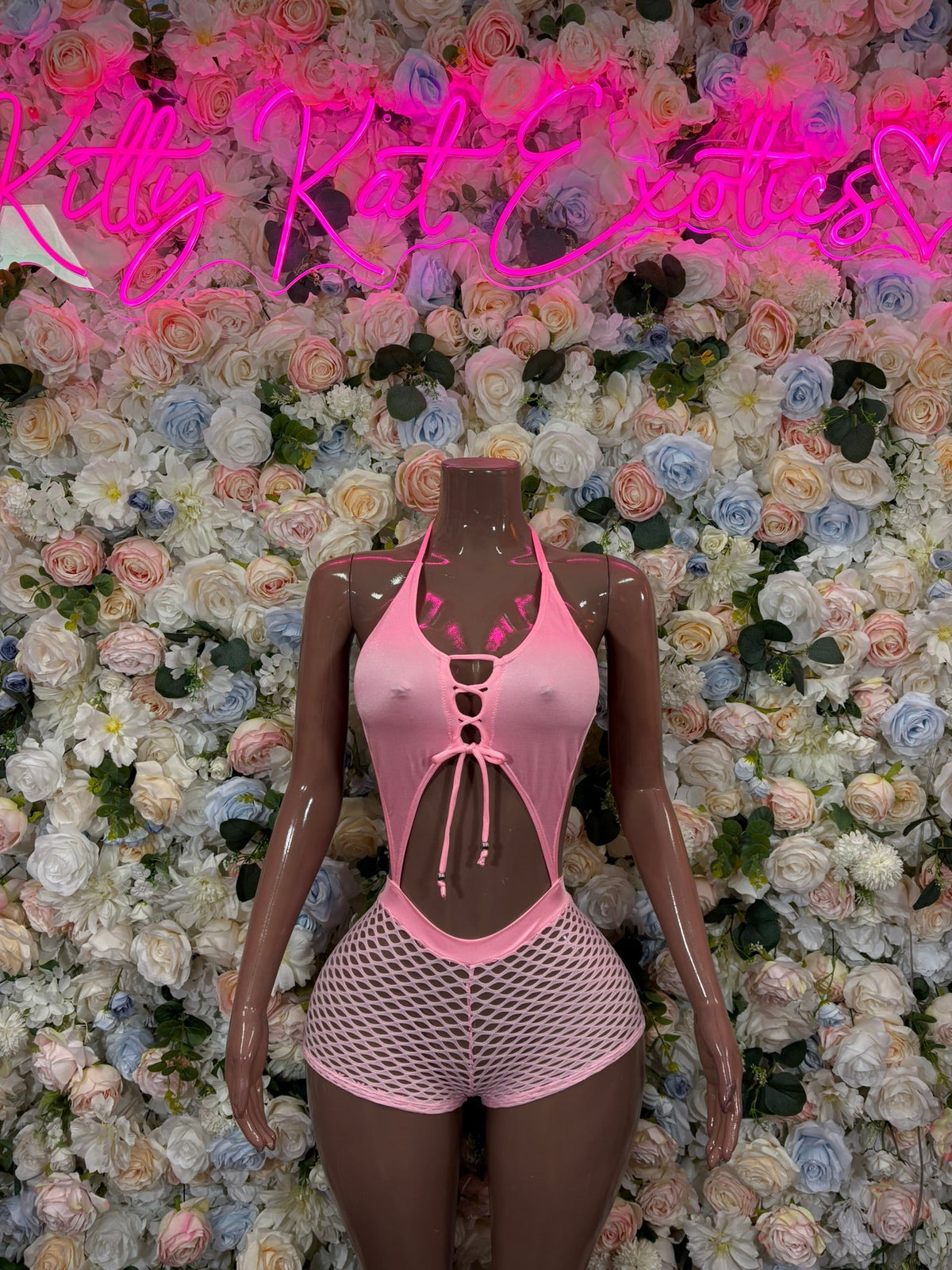 Baby pink halter fishnet shorts set with tie front top and matching mesh shorts
