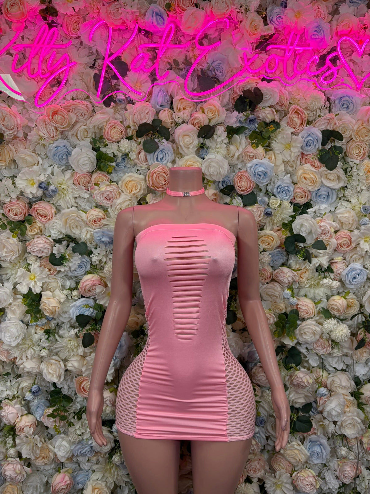 Baby pink ruched cutout mini dress, strapless with ribbed texture