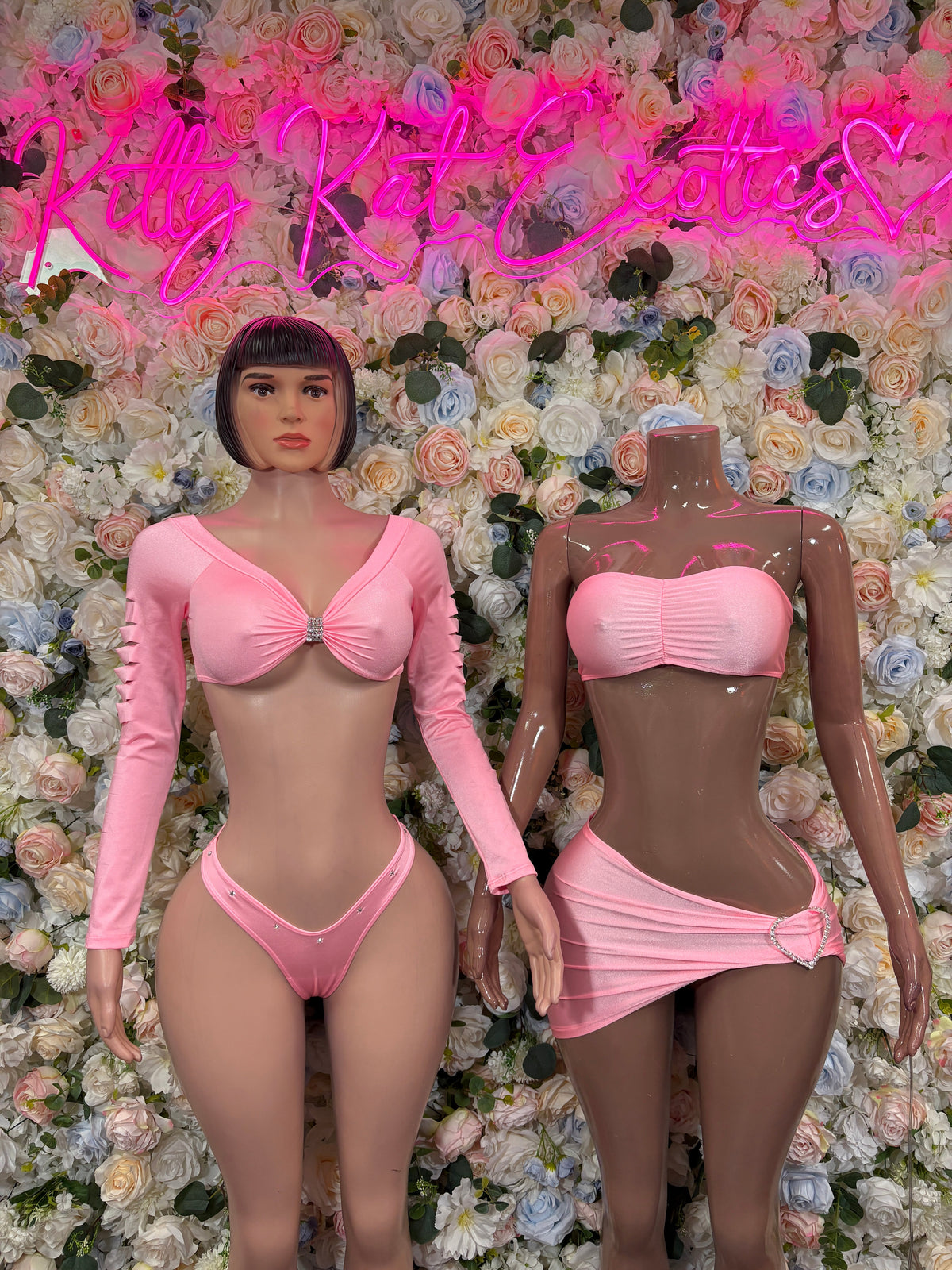 Pink long-sleeve cutout bikini set with ruched twist-front top and V-cut bottoms (two models)