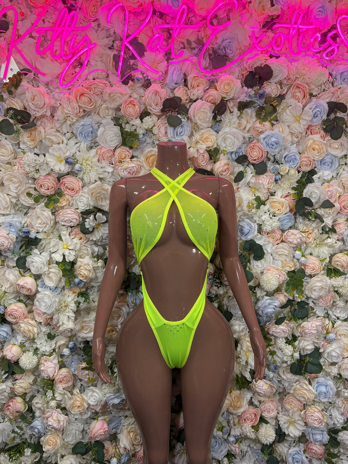 Neon Lime Rhinestone Wrap Cutout Bodysuit front view