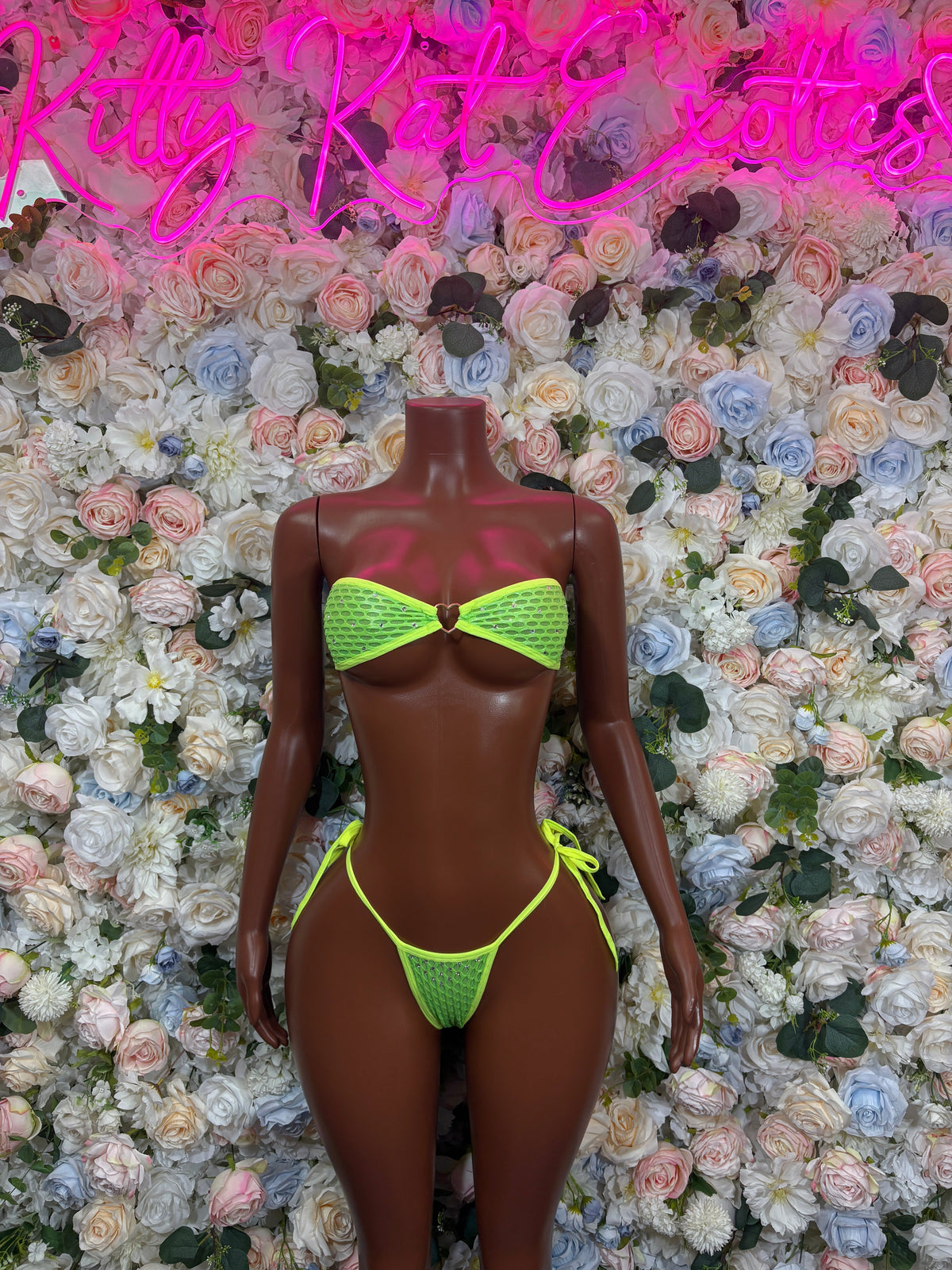 Neon Lime Rhinestone Bandeau Bikini Set front view