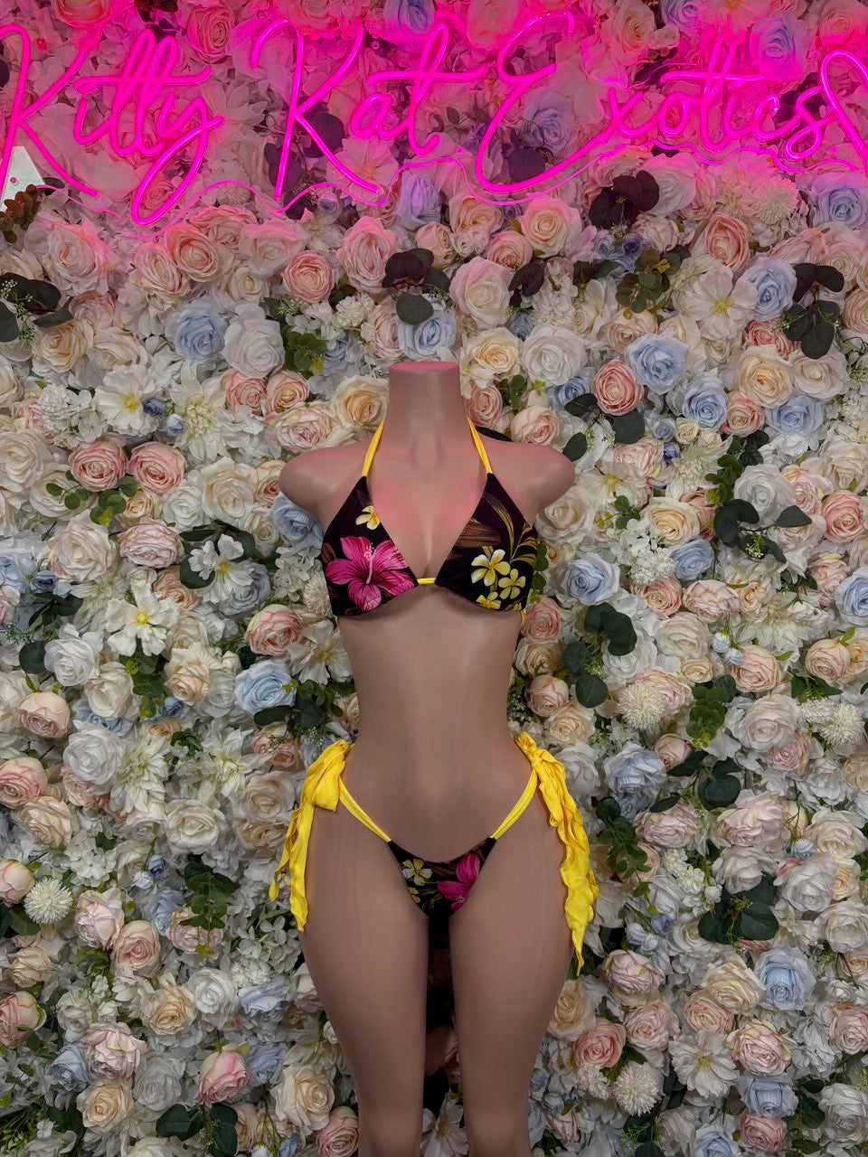 Neon Yellow Pink Rhinestone Micro Bikini Set front view