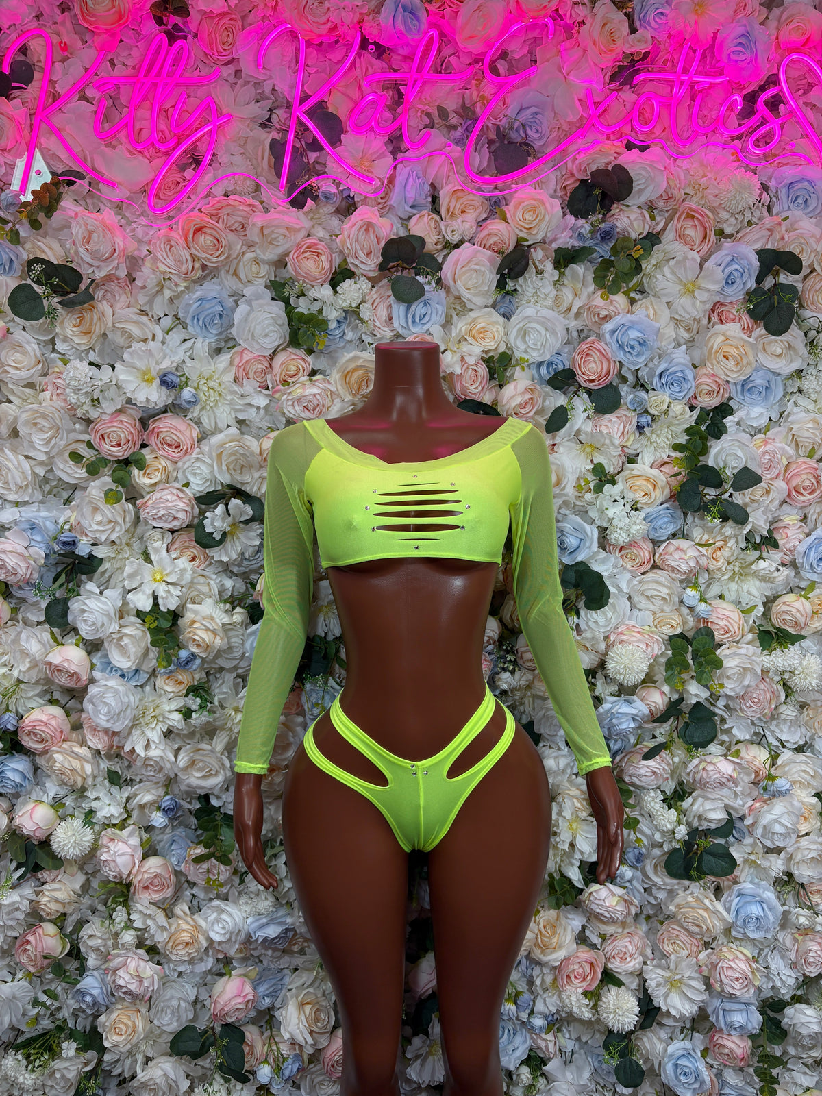 Neon Green Long Sleeve Cutout Bodysuit front view