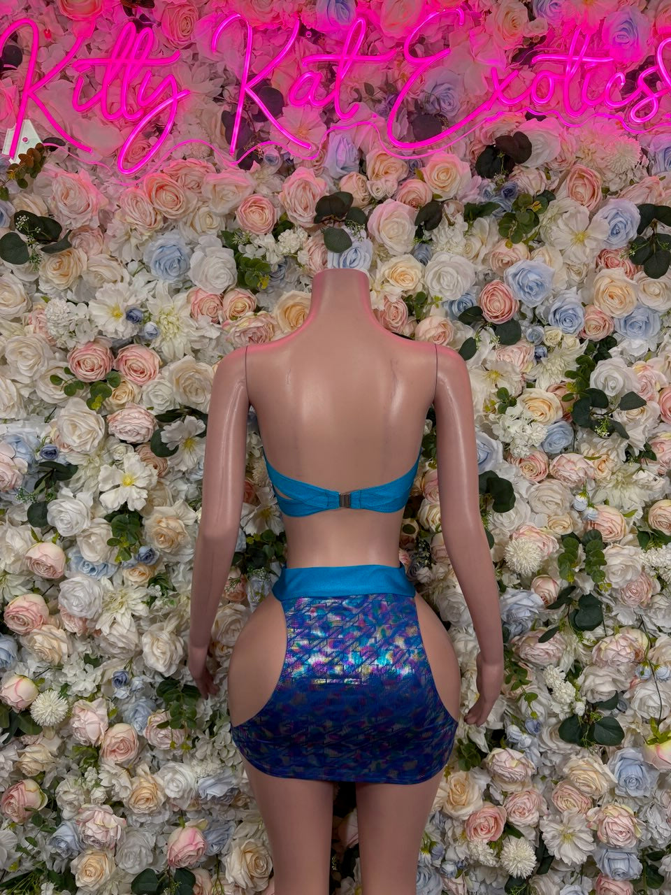Blue Iridescent Cutout Mini Skirt Two Piece Set back view