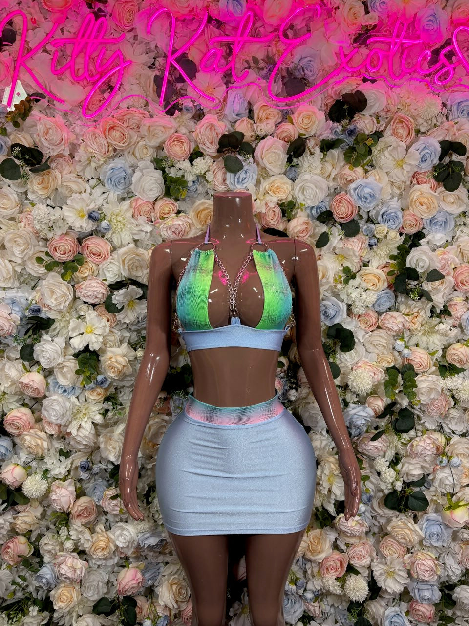 Pastel Green Chain Halter Mini Skirt Set front view