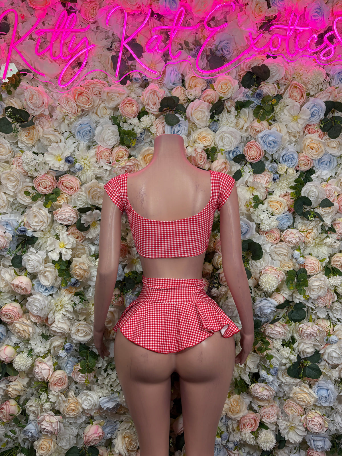 Coral Gingham Lace-Up Ruffle Skirt Two Piece Set back view