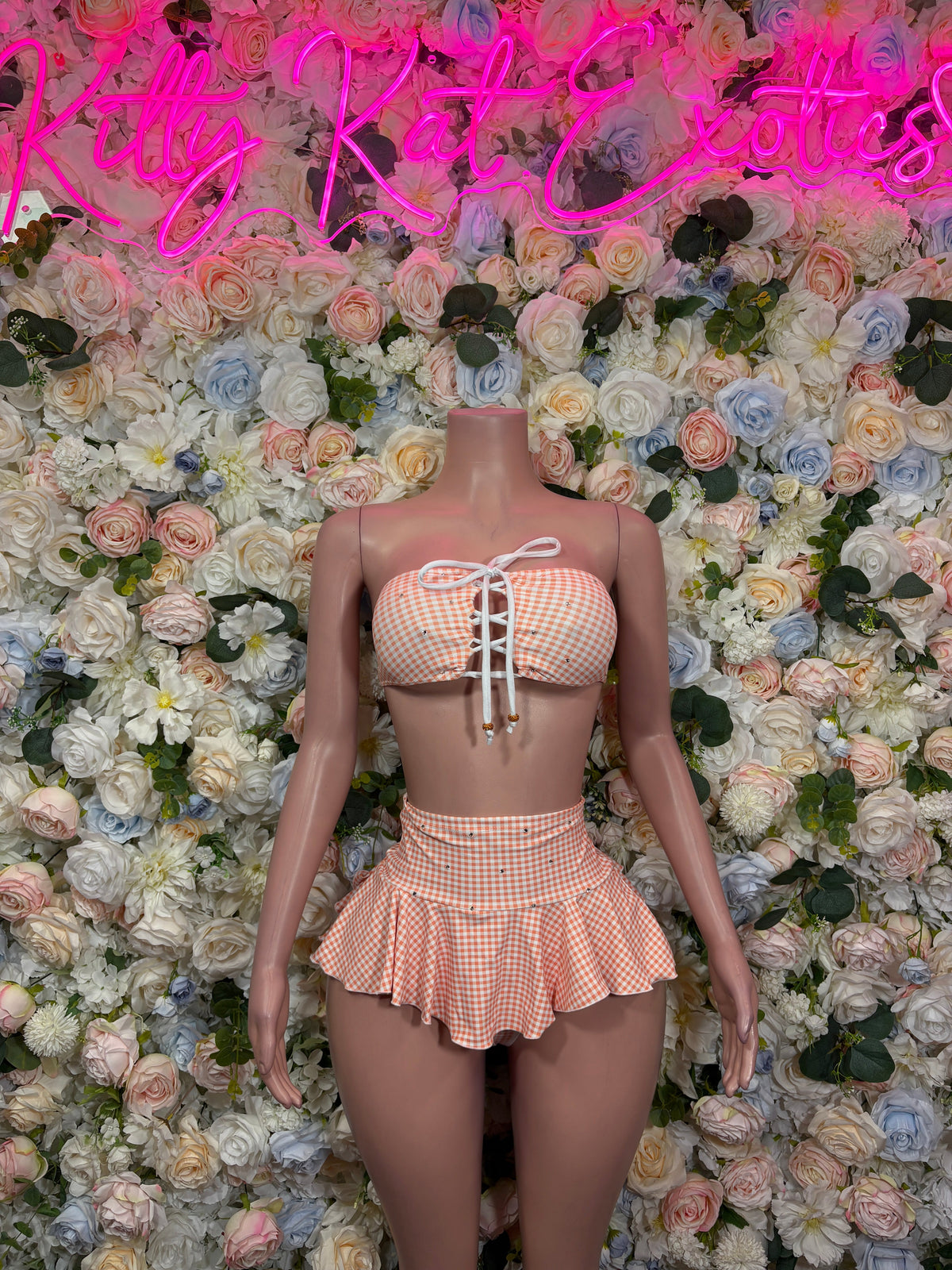 Blush Pink Gingham Lace-Up Ruffle Skirt Two Piece Set front view