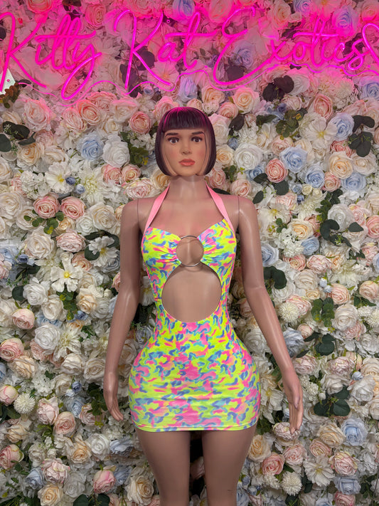 Neon multicolor cutout mini dress with halter neck, underbust cutout, and bodycon fit