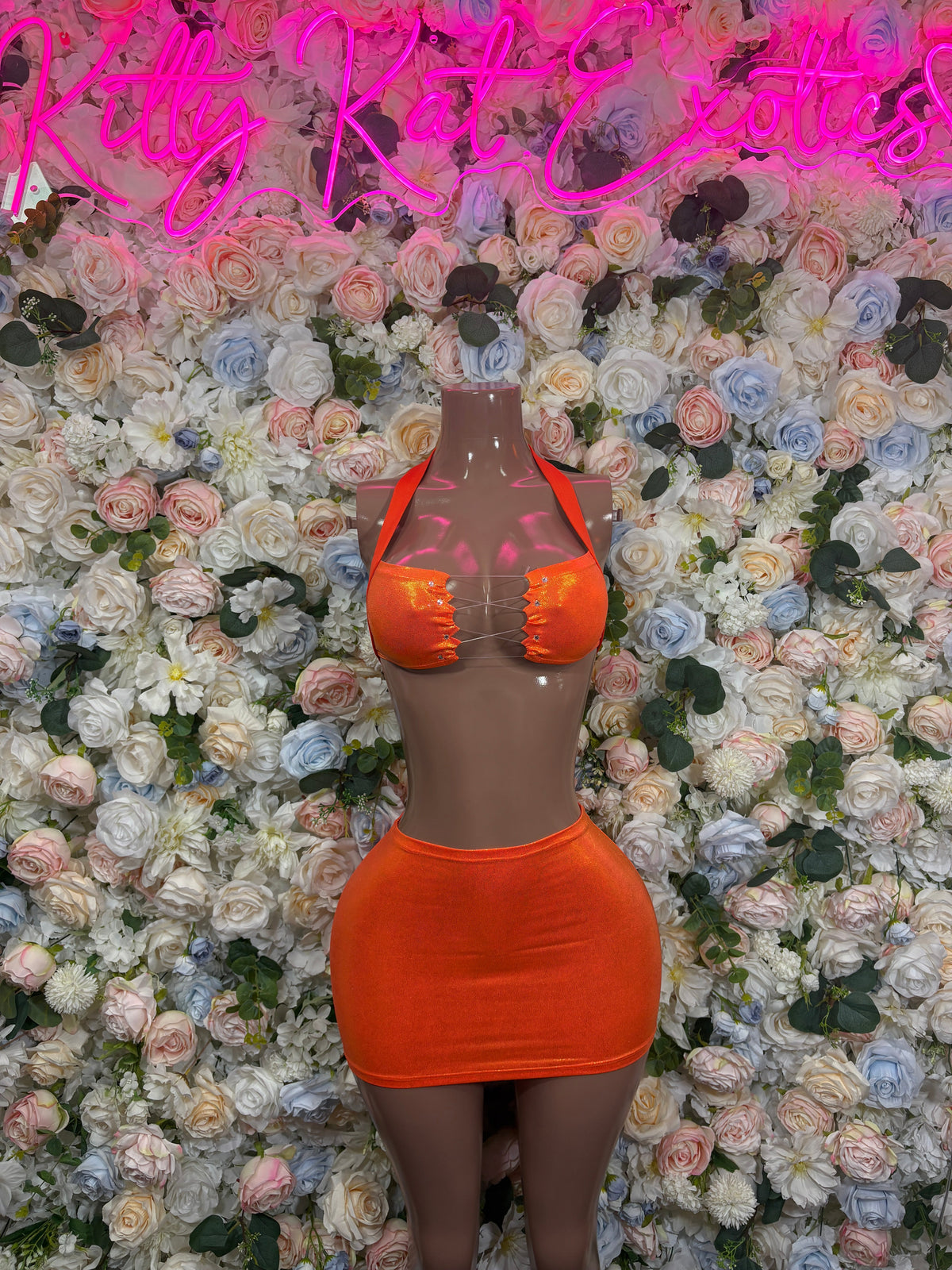 Orange Rhinestone Halter Mini Dress front view