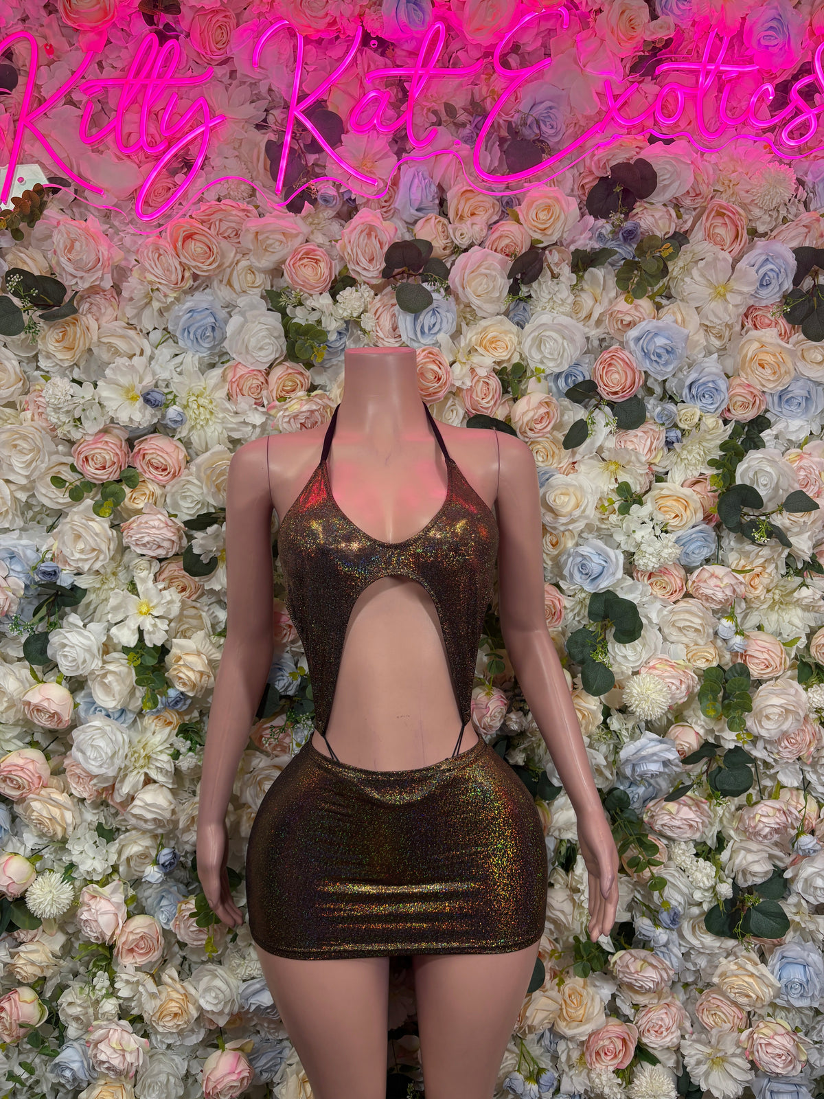 Black Gold Metallic Cutout Mini Dress front view