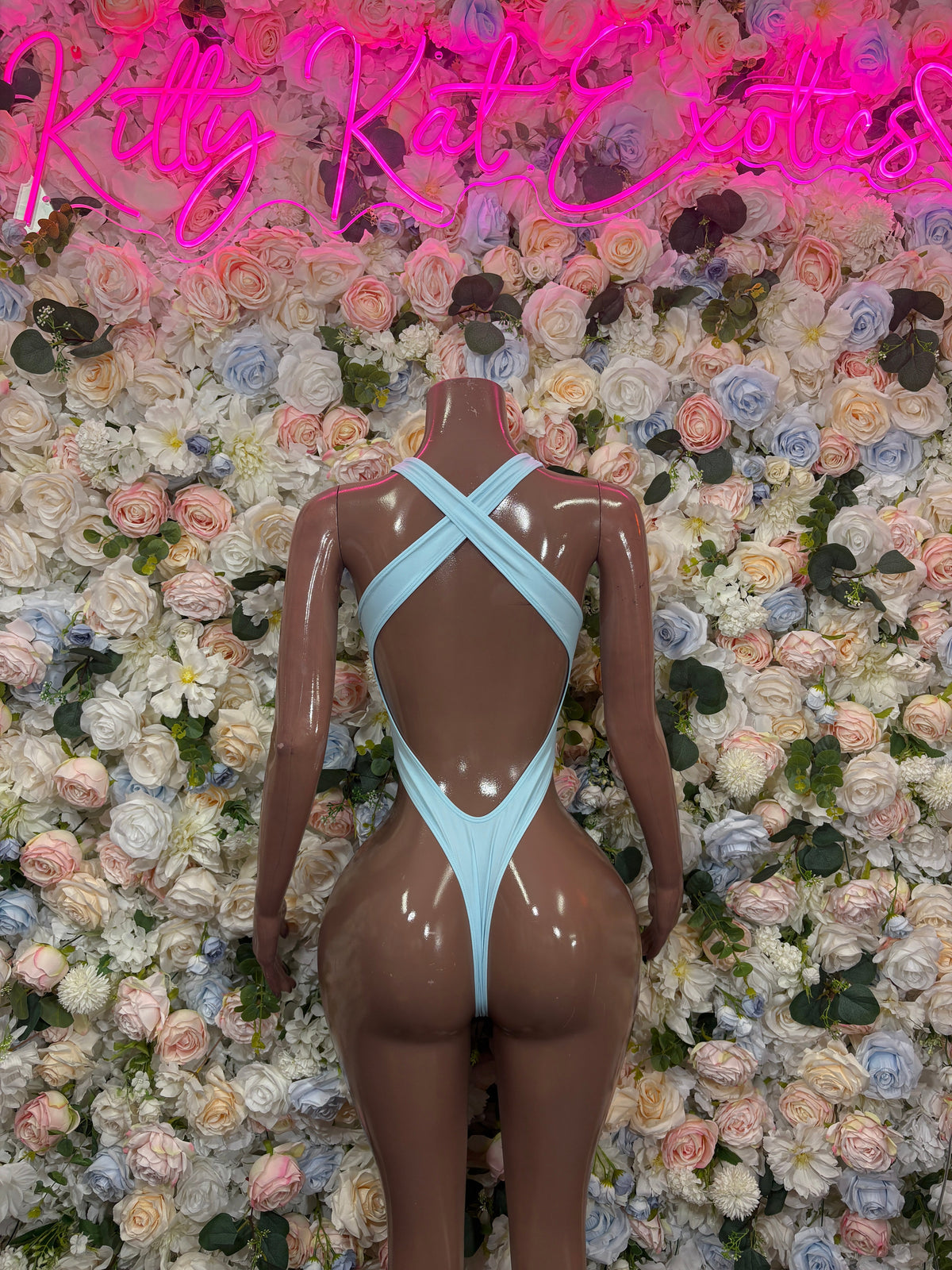 Ice Blue Lace Trim Halter Cutout Bodysuit back view