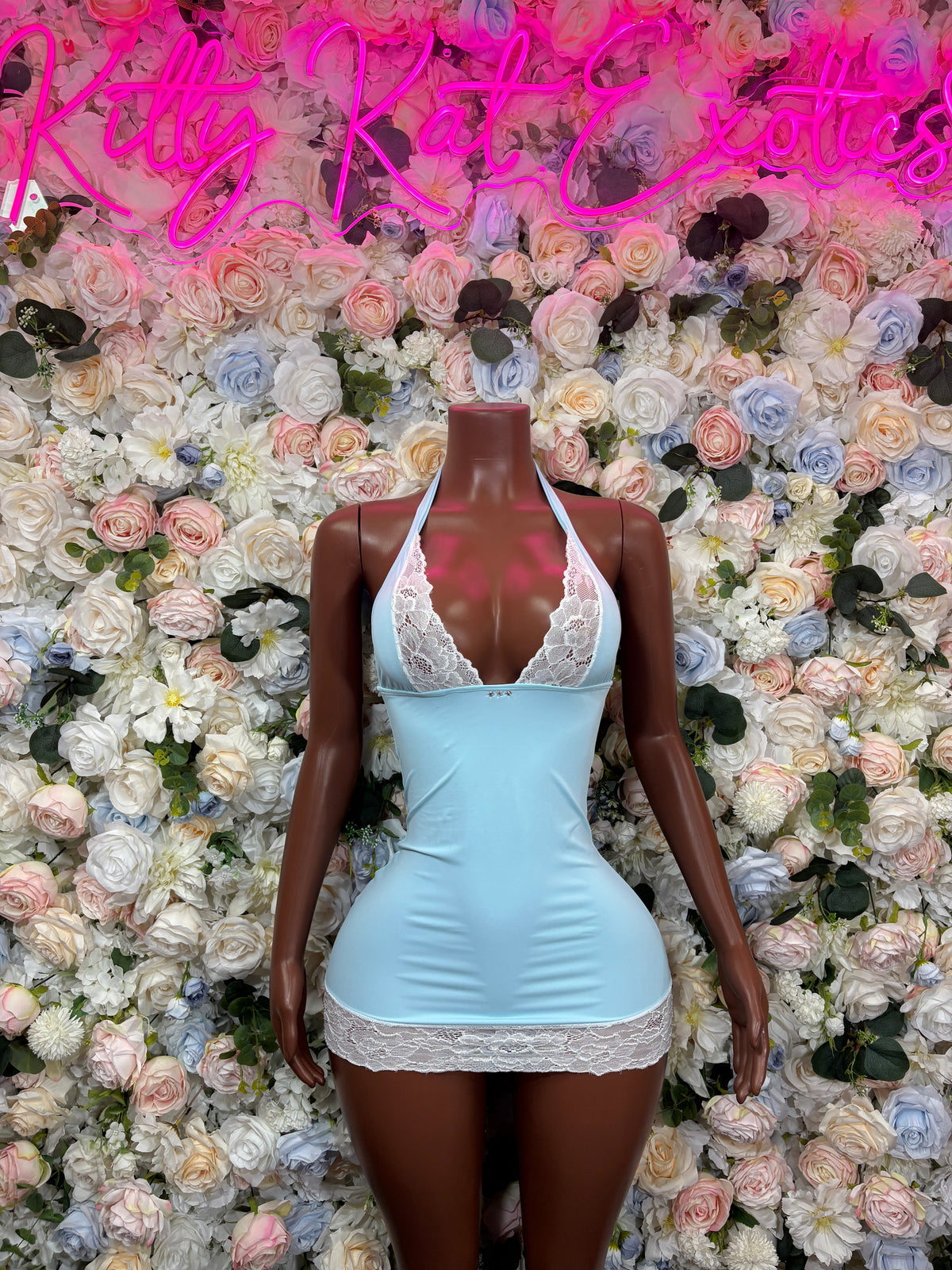 Ice Blue Lace Trim Mini Dress front view