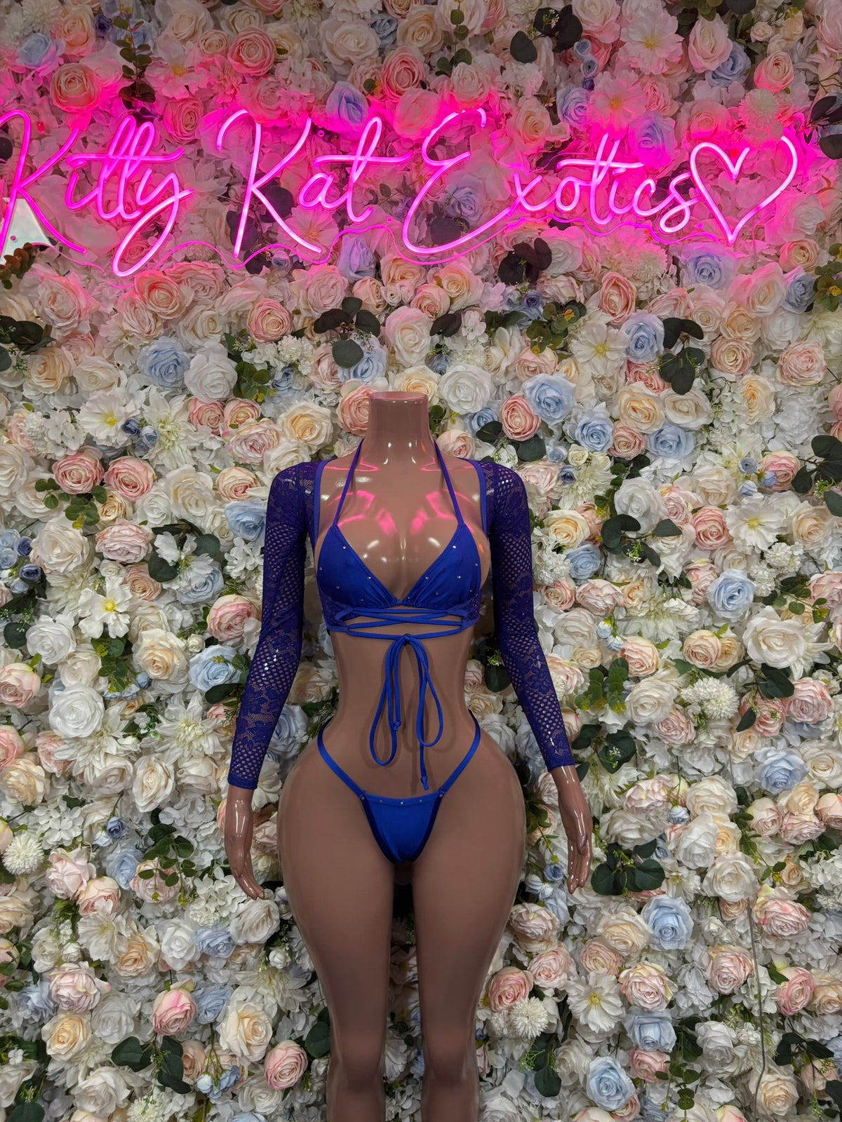Royal blue three-piece dancewear set: long-sleeve mesh crop top and bikini bottoms