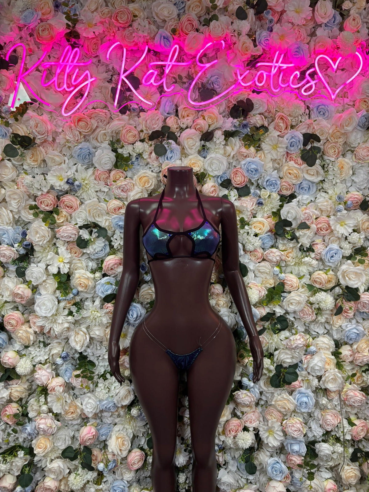 Micro bikini set with triangle top and string bottoms, dark iridescent finish