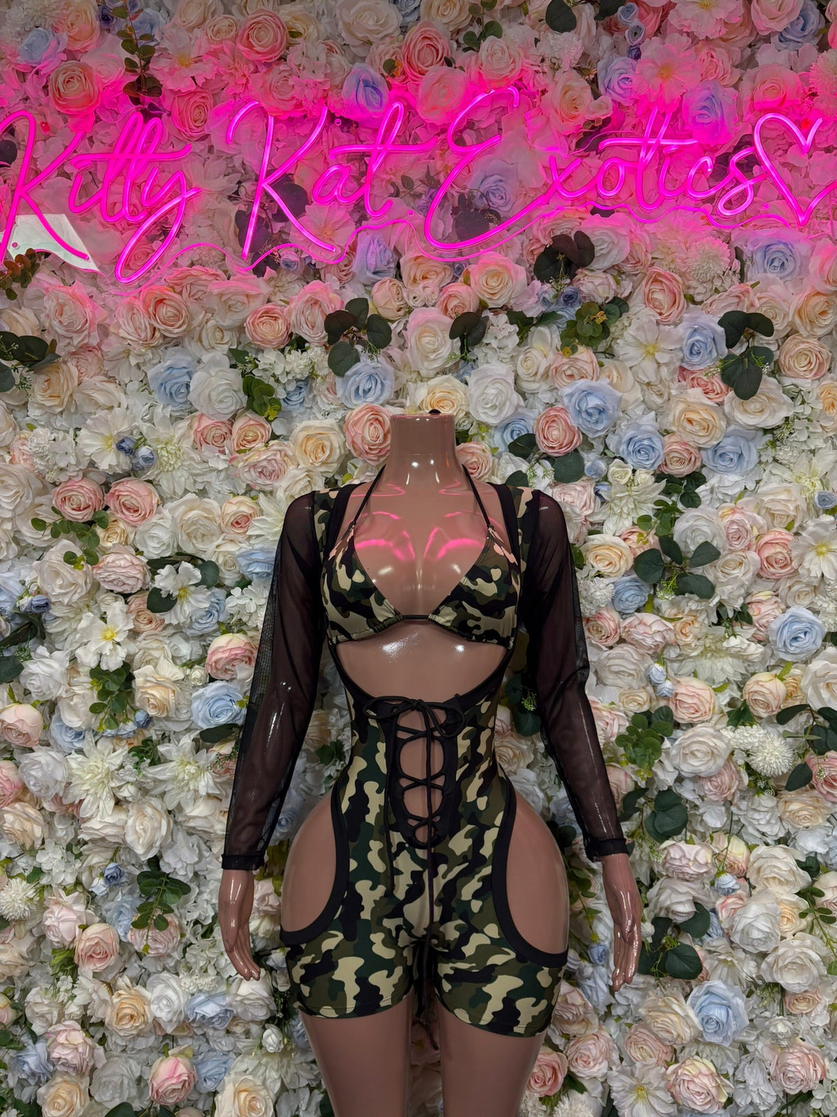 Camo lace-up sheer-sleeve bodysuit with long black mesh sleeves and cutout front