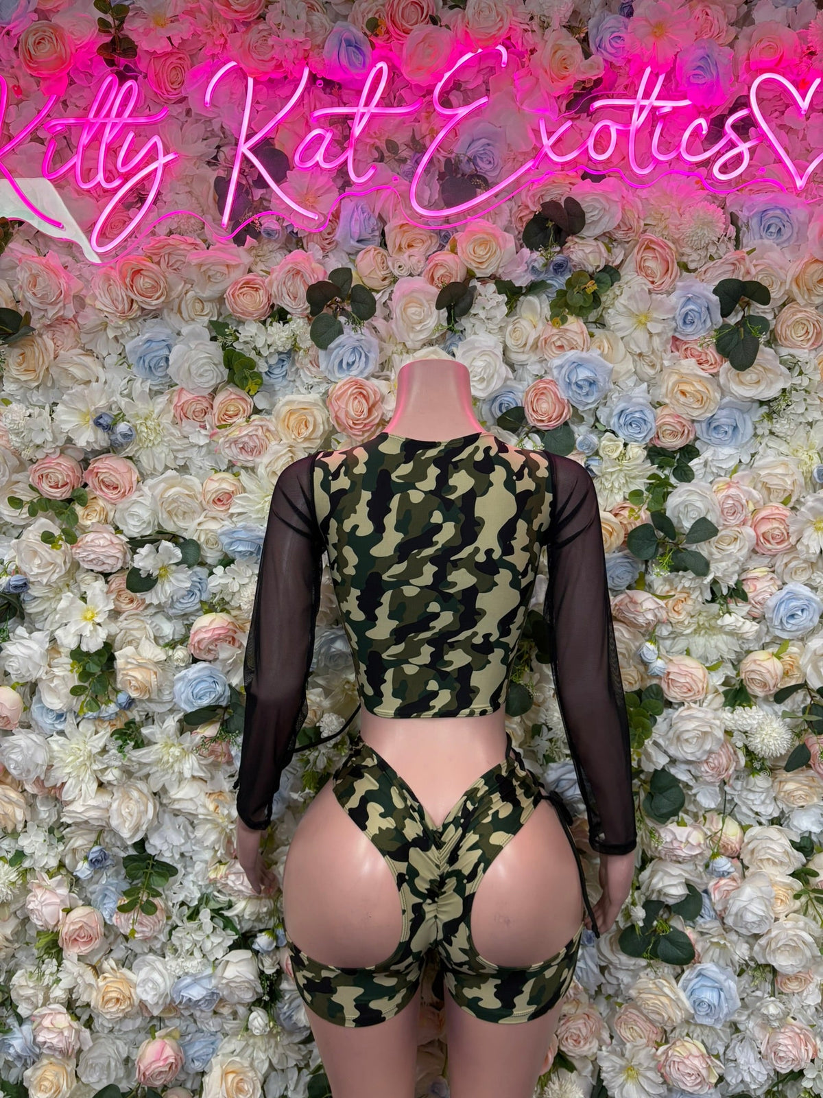 Green camo open-back cutout bodysuit, long sheer sleeves, black mesh backless design