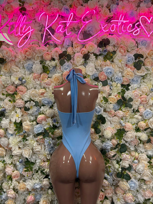 Light blue halter-tie one-piece swimsuit with open back and neck tie