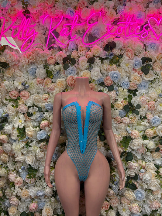 Blue rhinestone mesh corset bodysuit with V neckline and front clasp detail