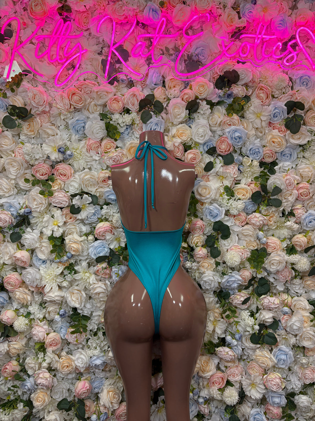 Teal plunge one-piece swimsuit with low V neckline and full rear coverage