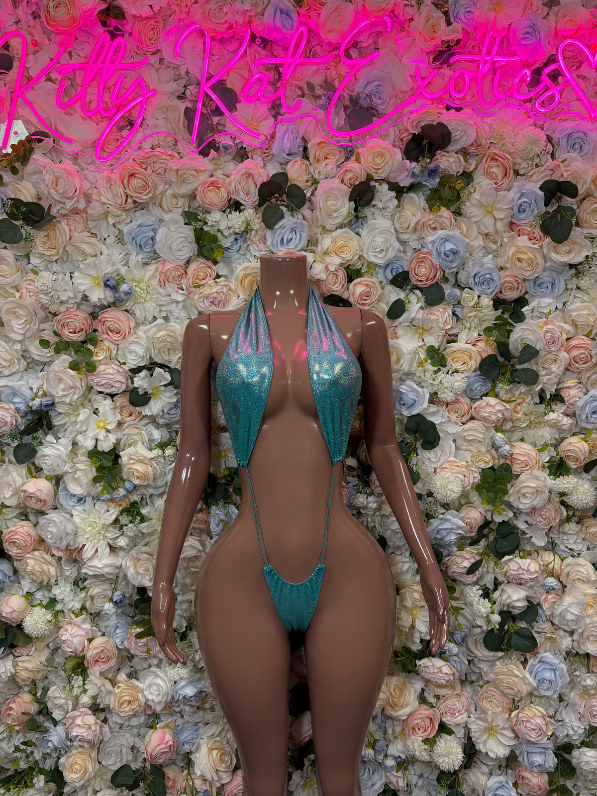 Teal halter open-back one-piece swimsuit, centered back cutout with thin straps