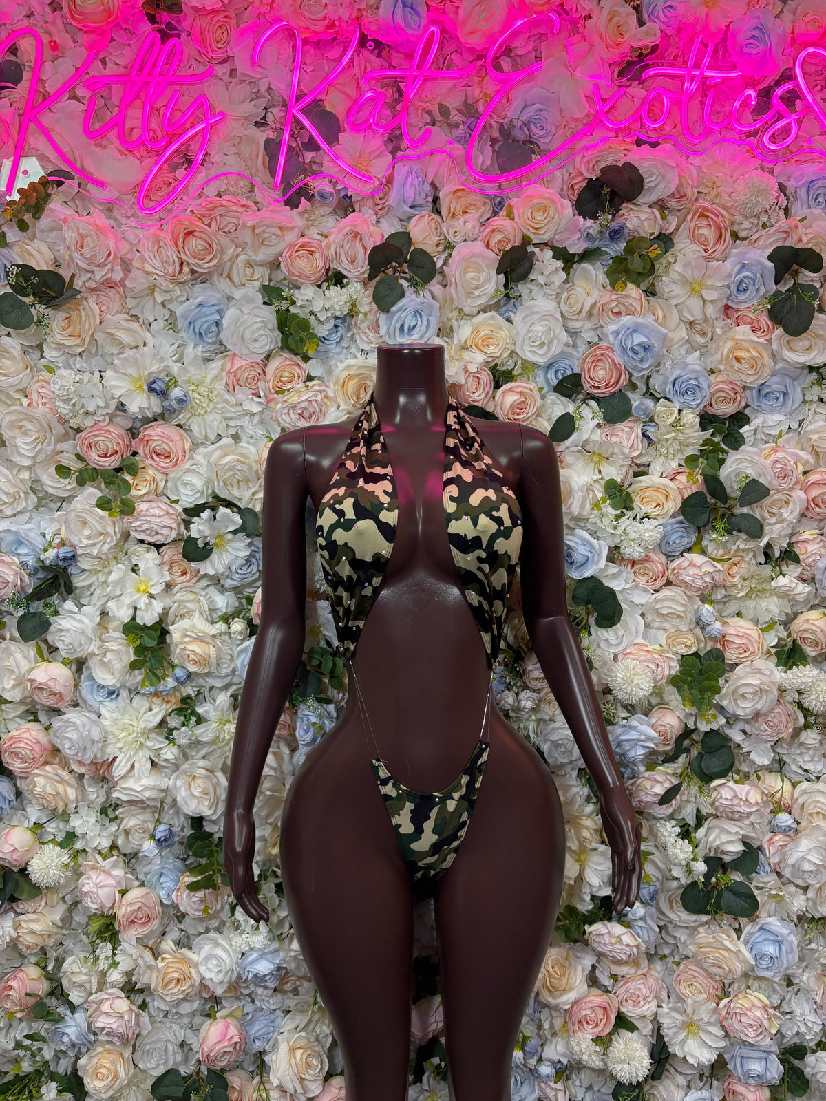 Green camo long-sleeve cutout bodysuit with back cutouts, Bottlegirl Clubwear