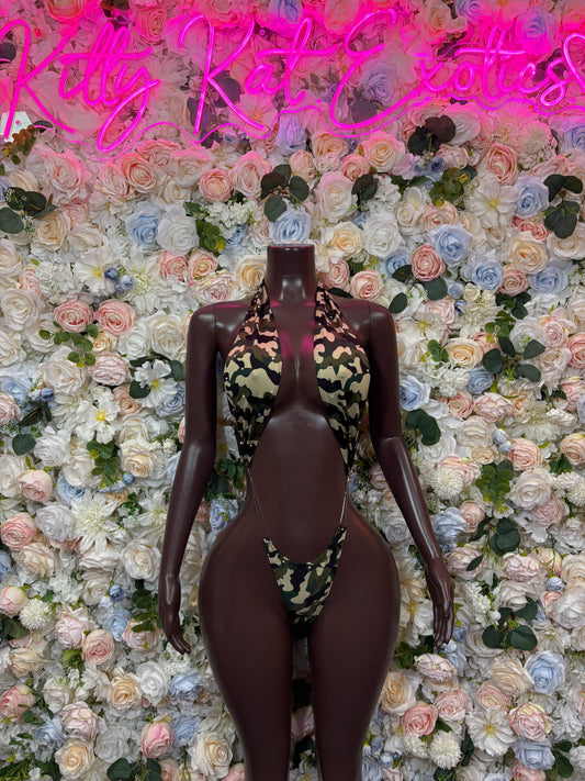 Green camo long-sleeve cutout bodysuit with back cutouts, Bottlegirl Clubwear