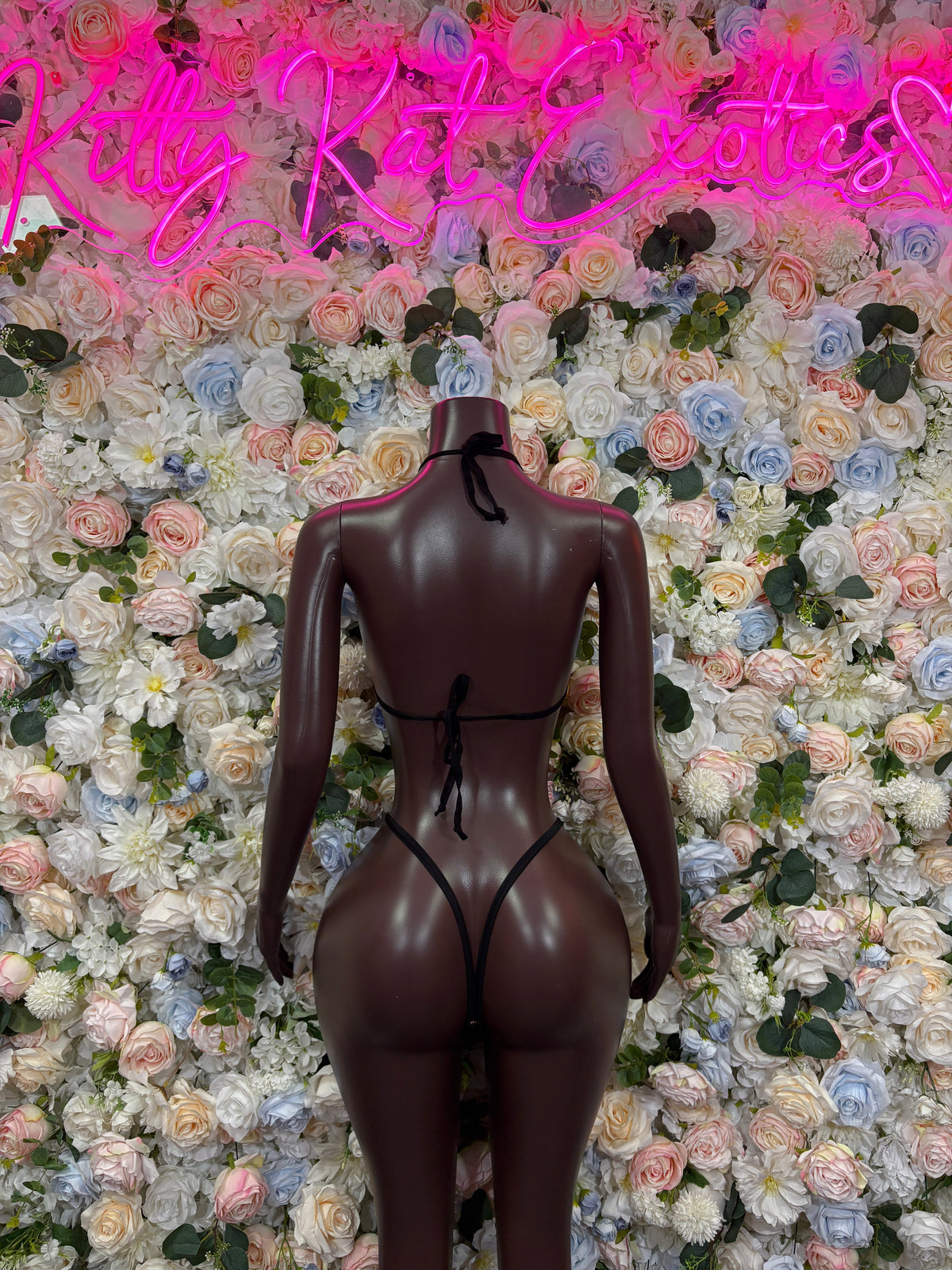 Metallic gold double-strap bodysuit, back view with tied strap detail