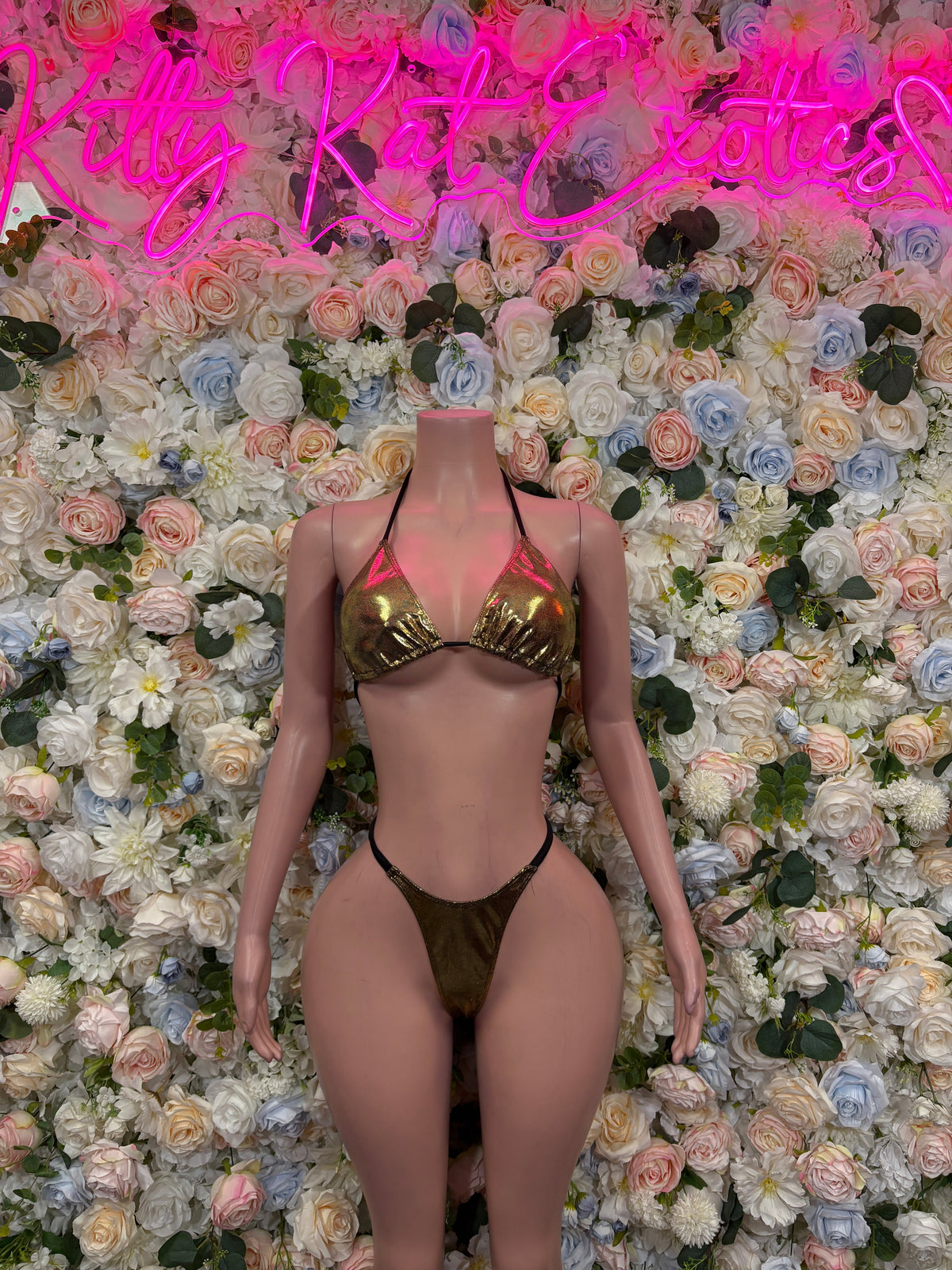 Metallic gold ruched cup bodysuit with black tie strings and thong back