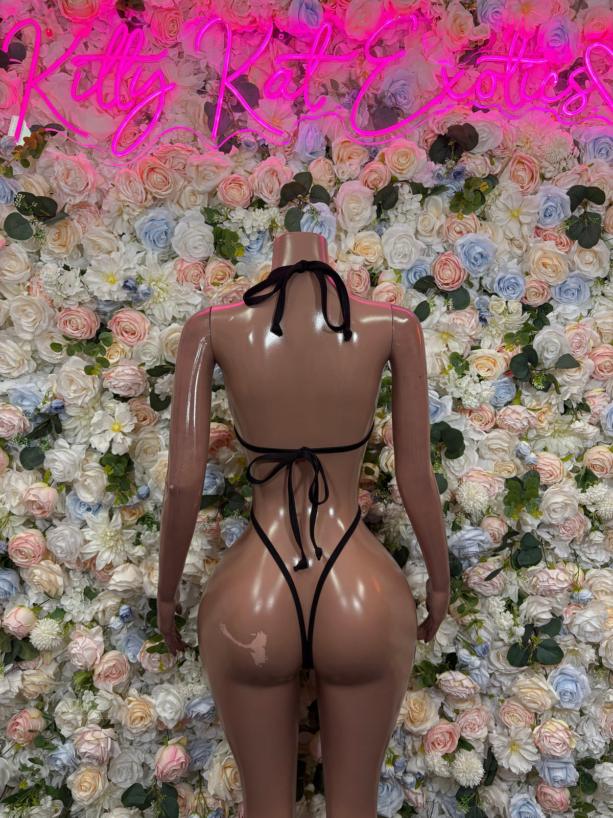 Metallic gold triangle cutout bodysuit with open back tie straps, rear view