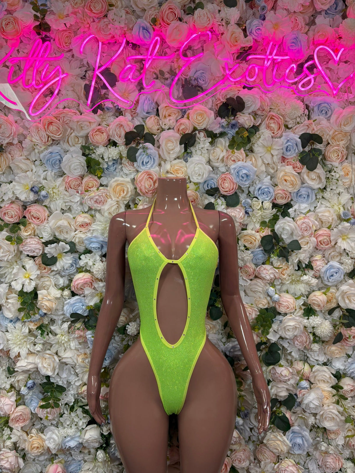 Neon Green Cutout Rave Bodysuit front view